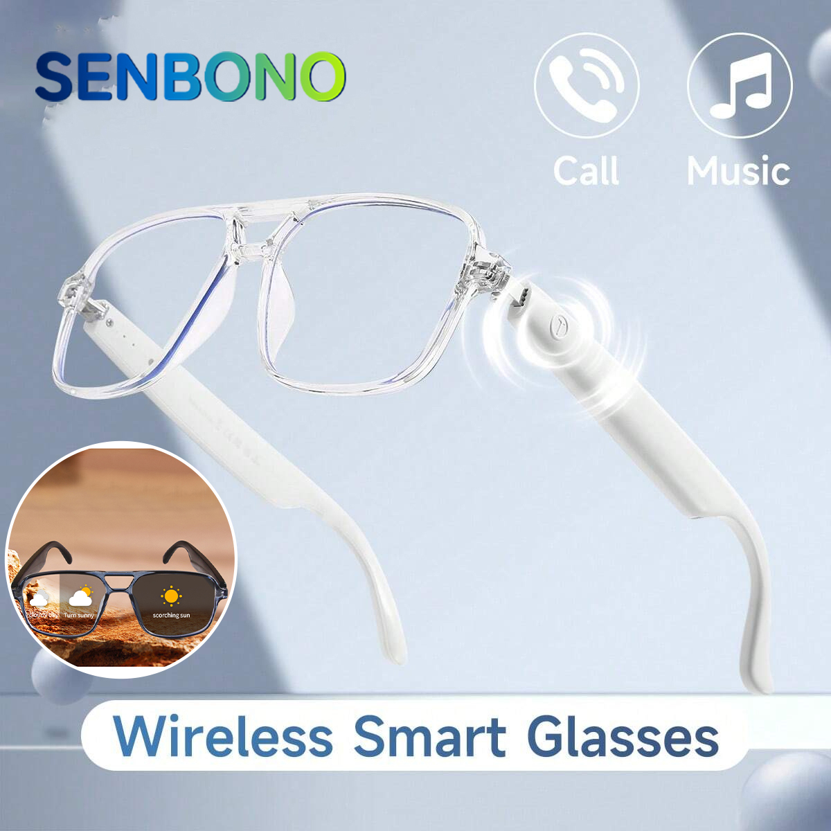 Photochromic Smart Sunglasses Audio - SENBONO Slimme bril Draadloze audio Meekleurende